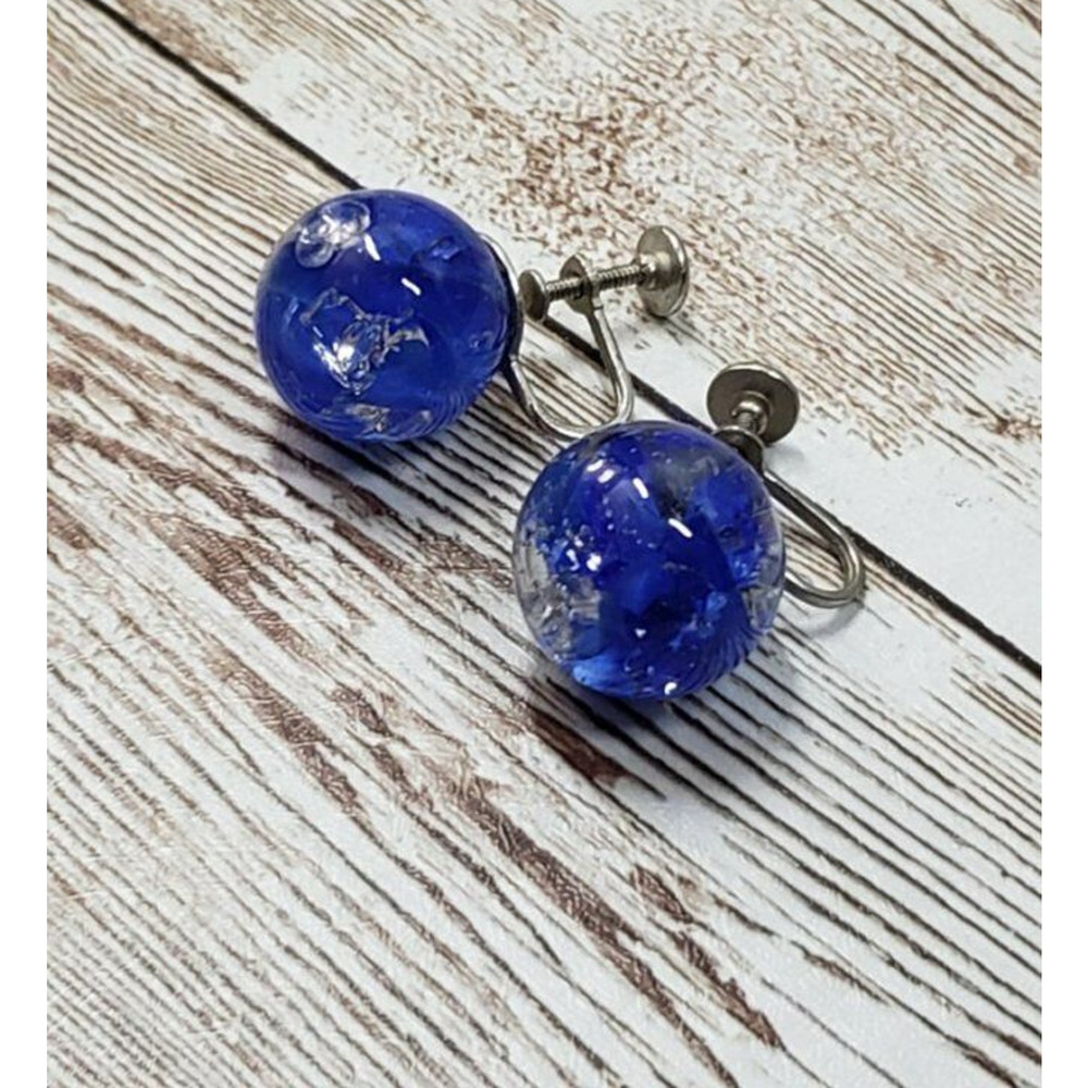Vintage Screw On Earrings - Stunning Cracked Glass Style Blue Ball Shape